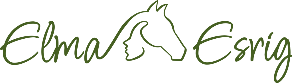 Elma Esrig Logo: aus dem Vornamen erwächst ein Pferdekopf und aus diesem ein Frauengesicht, danach kommt noch der Nachname.
