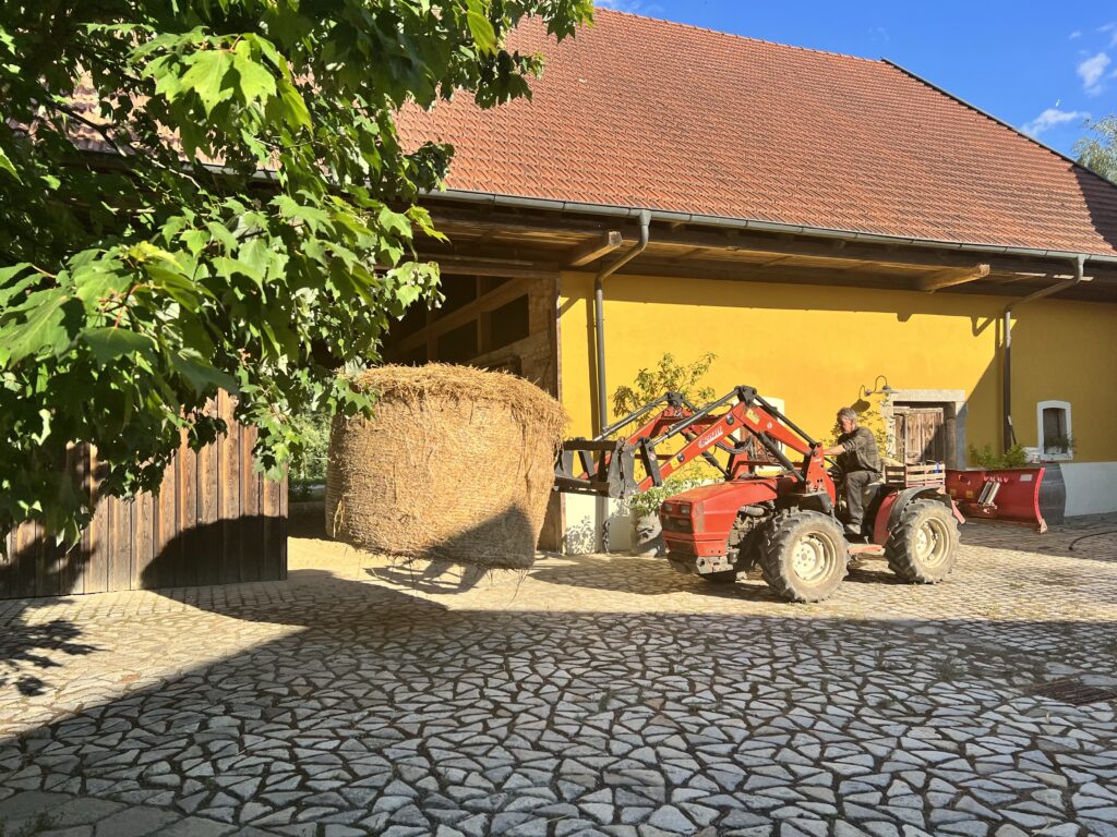 Ein Mann in einem roten Traktor fährt einen großen Strohballen durch einen Innenhof.