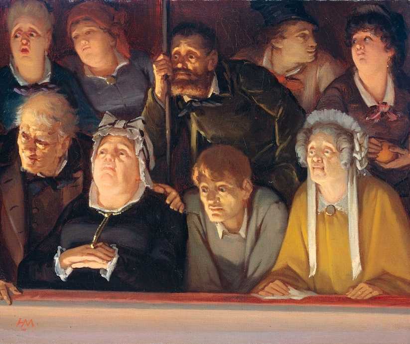Ein Gemälde, das Zuschauer einer Darbietung zeigt. Männer und Frauen betrachten ein Schauspiel, zum Teil aufmerksam, zum Teil abgelenkt.