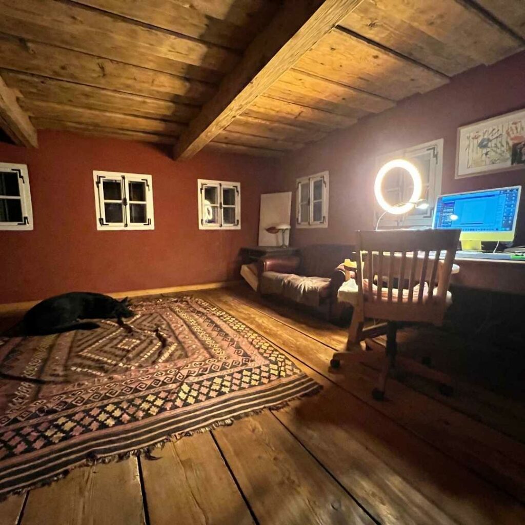 Ein rot gestrichenes Zimmer mit Holzdecke und Holzboden, vielen kleinen Fenstern, einem Sofa, Schreibtisch und Stuhl. Und einem Hund auf dem Teppich.