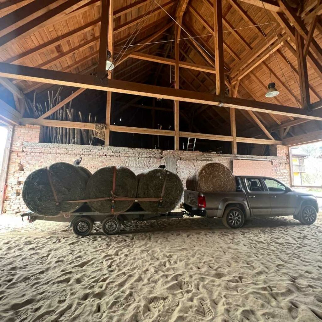 In einem Stadl mit Sandboden steht ein VW Amarok mi Anhänger. Die Ladeflächen sind mit Heu- und einem Strohballen beladen.