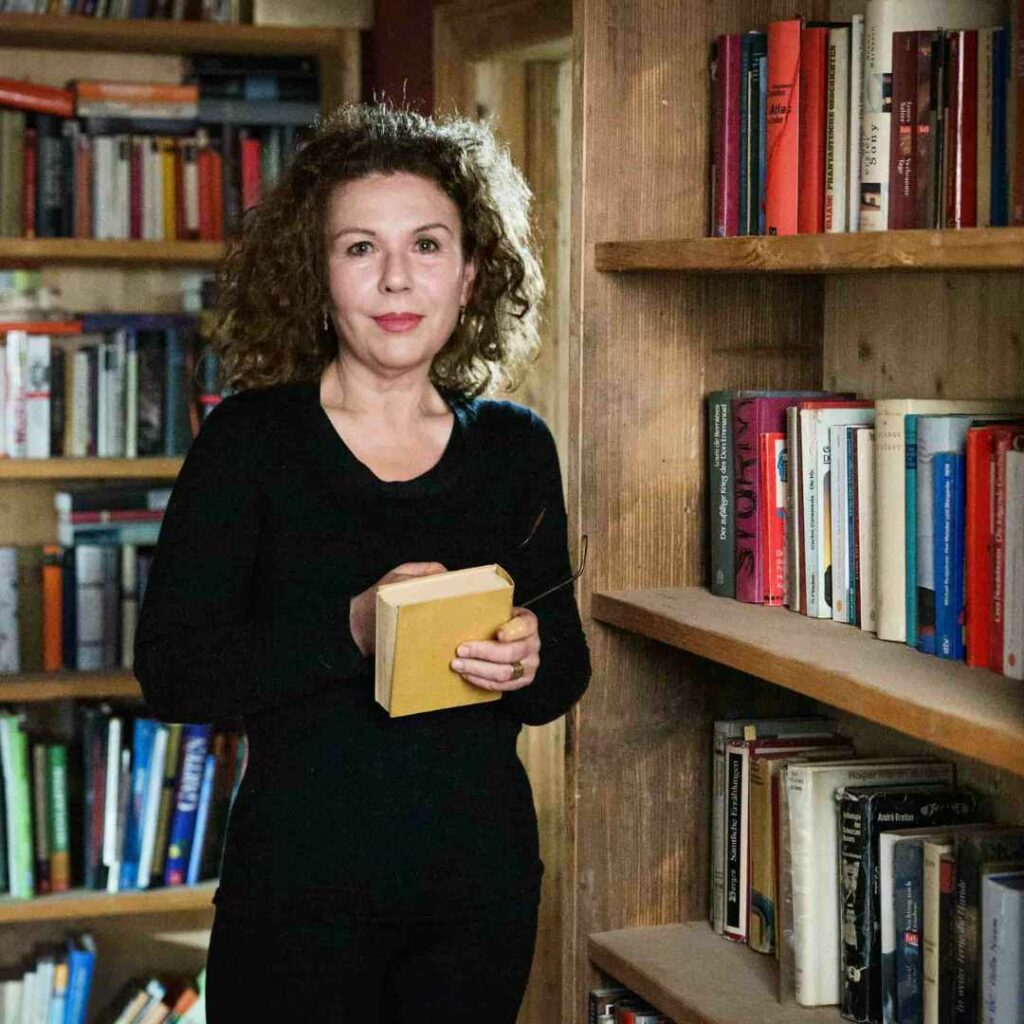 Elma Esrig, Regisseurin und Trainerin für deinen Außenauftritt, steht - schwarz gekleidet - vor einer Bücherwand und hält ein Buch in der Hand.
